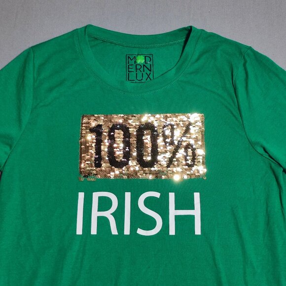 Modern Lux Irish T-shirt women's size M green with gold reversible sequence - Picture 3 of 8